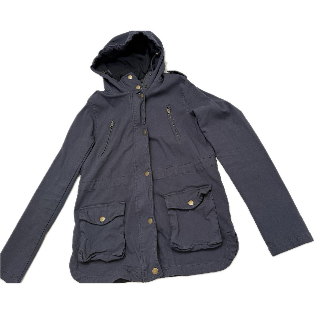 Eden Society Women's Gray Hooded Mid-Length Utility Jacket Zip/Button, XS